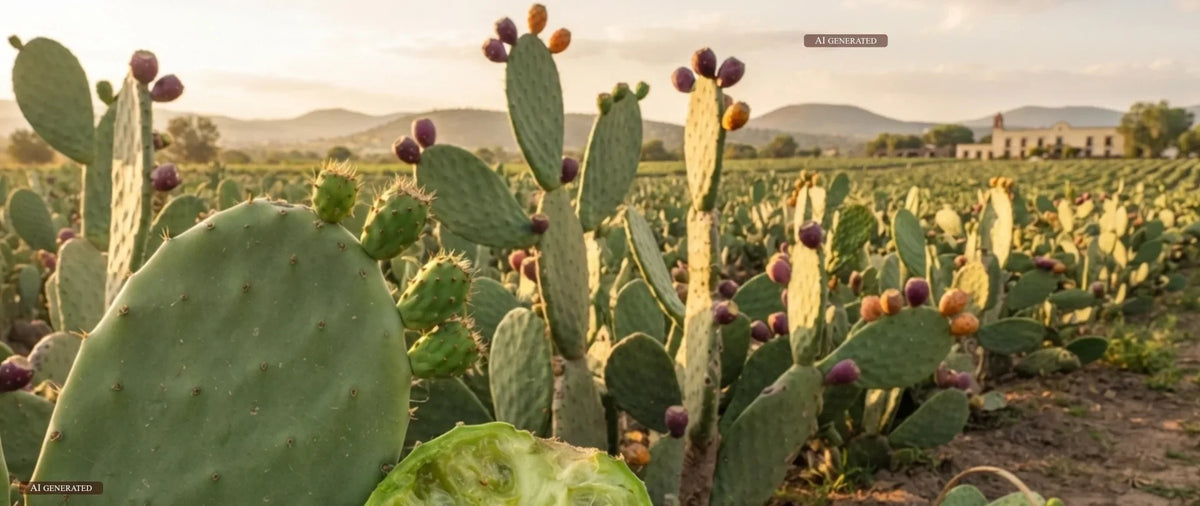 Plantacja kaktusów nopal z dojrzałymi owocami w świetle zachodzącego słońca