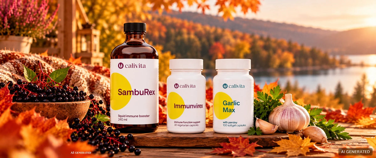 Suplementy Calivita SambuRex, Immunvirex i Garlic Max na jesiennym tle z owocami i czosnkiem.