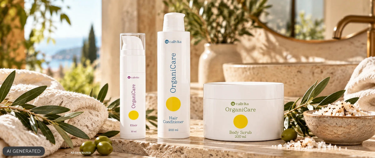 Zestaw kosmetyków OrganiCare: odżywka do włosów, eliksir i peeling do ciała w stylu SPA.