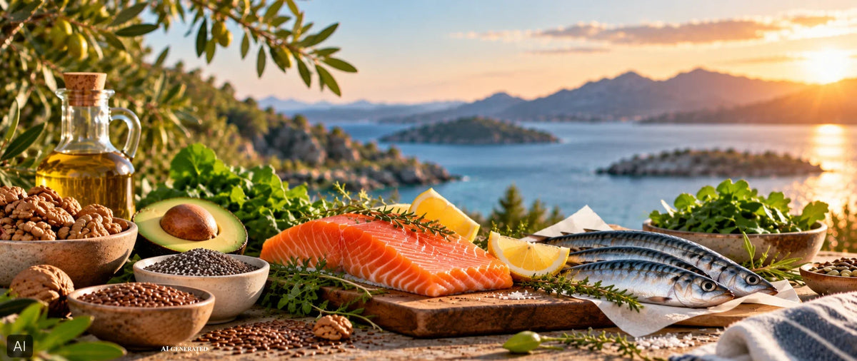 Źródła kwasów omega-3: łosoś, makrela, awokado, orzechy włoskie i oliwa z oliwek.